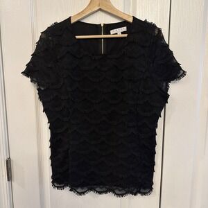 CHAUS New York Women's Sz 12 Blouse Lined Scallop Fringe Lace Cap Sleeves Black